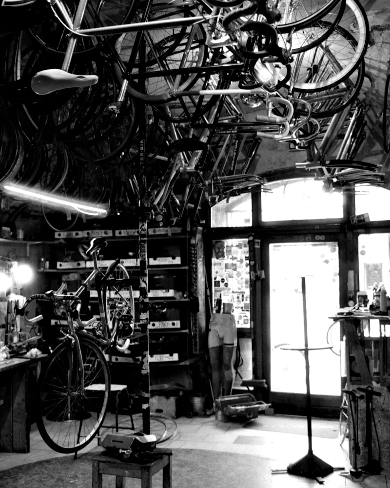 Inside a bicycle shop with bikes hanging from the ceiling